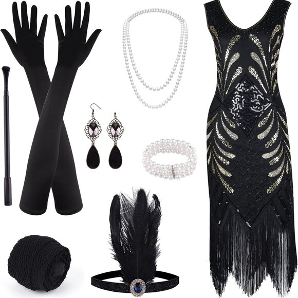 Other - 1920s V Neck Sequin Beaded Fringed Dress with 20s Accessories Set